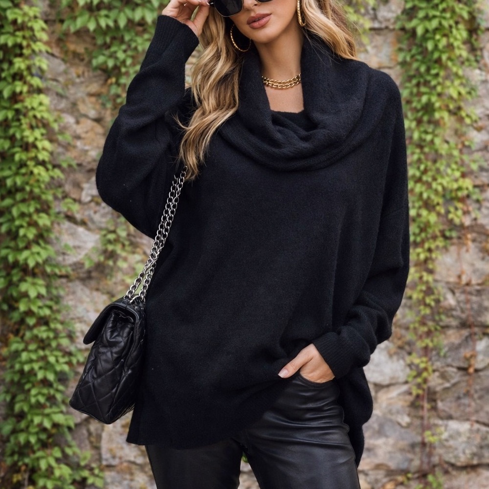 FORTE CASHMERE Quiet Minimalist Oversized Black Cowl Neck Sweater, M